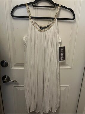 White Nina Leonard Gold Braided-Accent Maxi Dress Greek Goddess Style Dress L